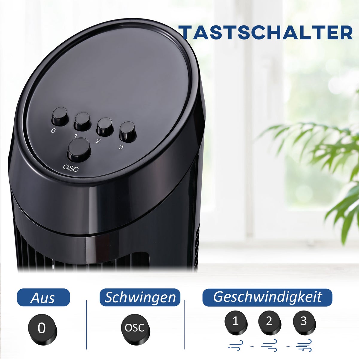 HOMCOM 45W torenventilator, stil, 3 snelheidsstanden, 70° oscillatie, ABS, zwart, Ø27 x H75 cm