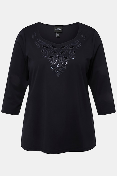 Shirt, Stickerei, Classic, Herzausschnitt, 3/4-Arm