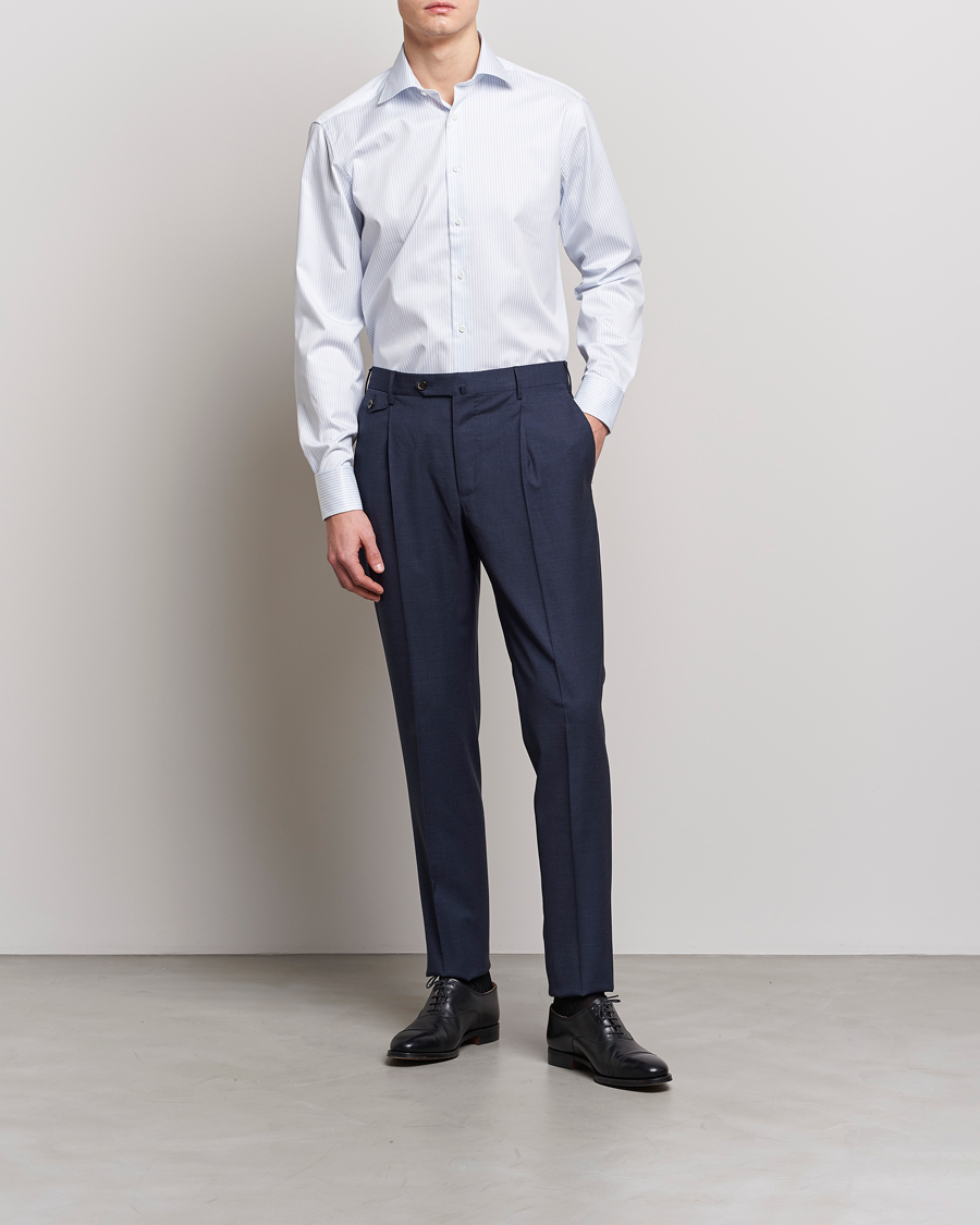Stenströms Fitted Body Cotton Double Cuff Shirt White/Blue