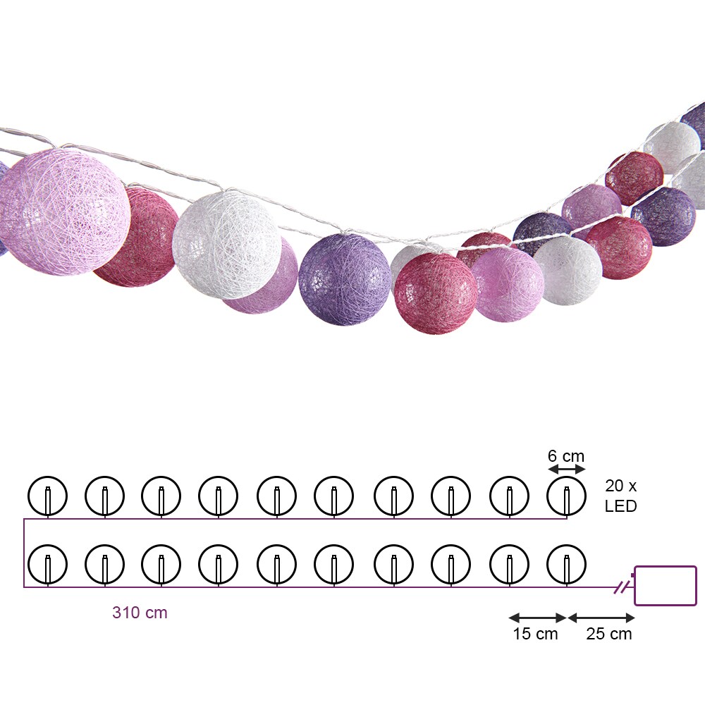 VICCO Lichterkette Cotton Balls Girlande weiß, pink, rosa und lila 310 cm