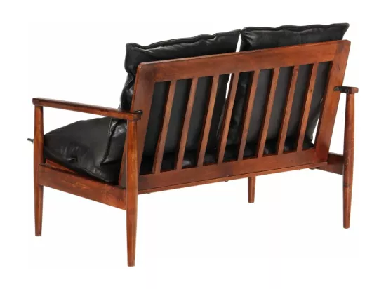 Canapé 2 places noir cuir véritable et bois d'acacia solide