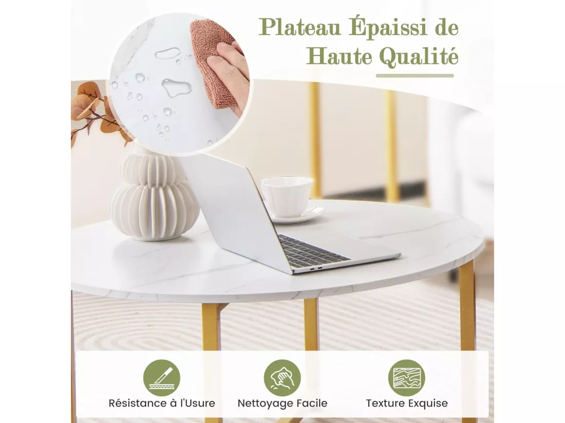 Table Basse Salon 3 Pcs, Table Basse Ronde avec 2 Tables d'Appoint Carrées, Cadre en Métal, Design Moderne Industriel, Table Salon Lot de 3 pour Salon, Chambre (Blanc doré)