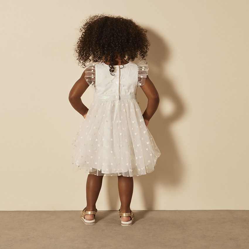 Robe de cérémonie en tulle imprimé cœurs pailletés pour bébé fille - Ecru
