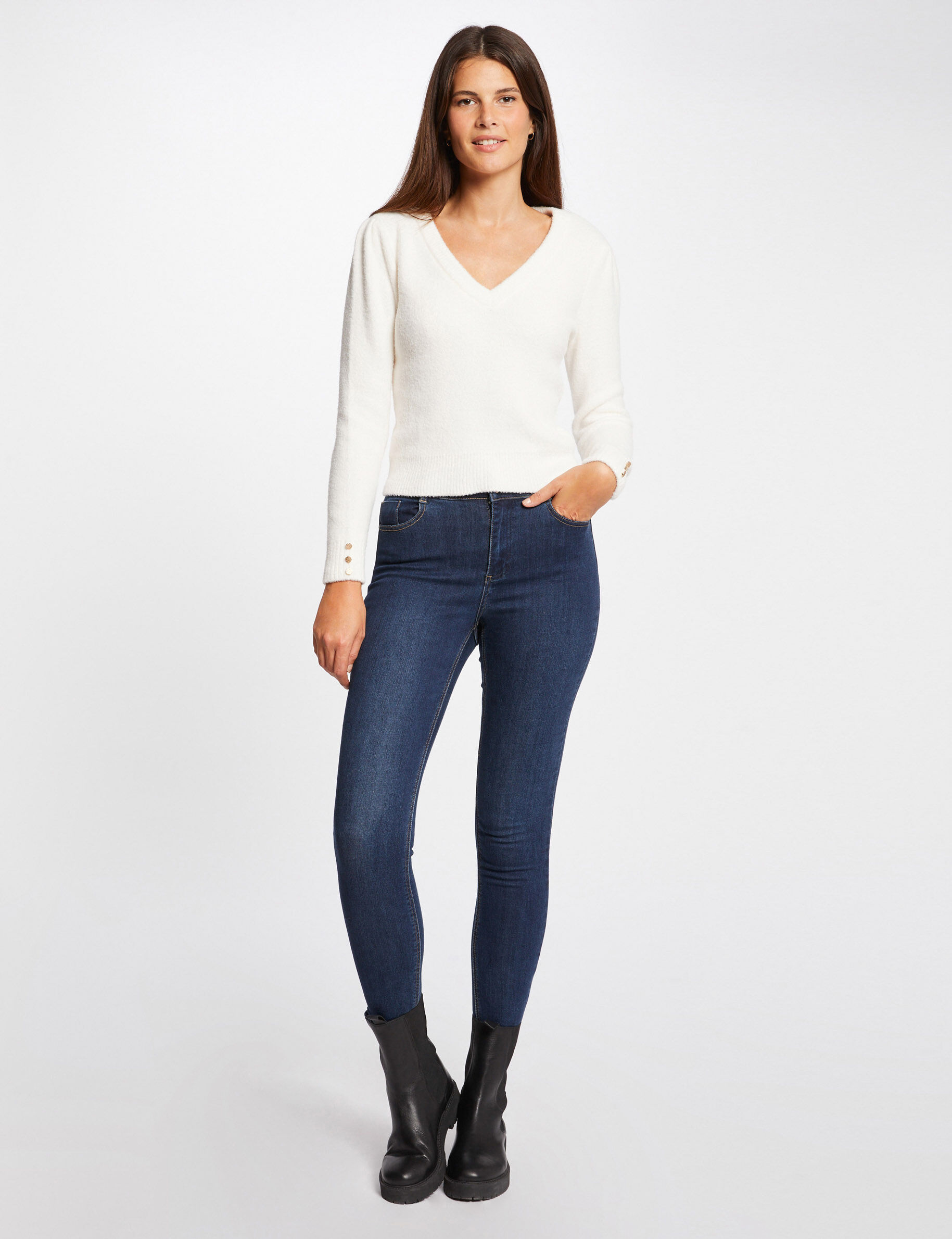 Pull manches longues avec col en V ivoire femme - ivoire