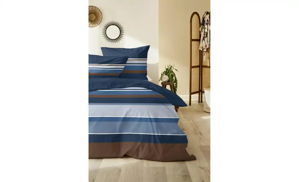 Mako-Satin Bettwäsche-Set Blau, Braun 200 cm 135 cm