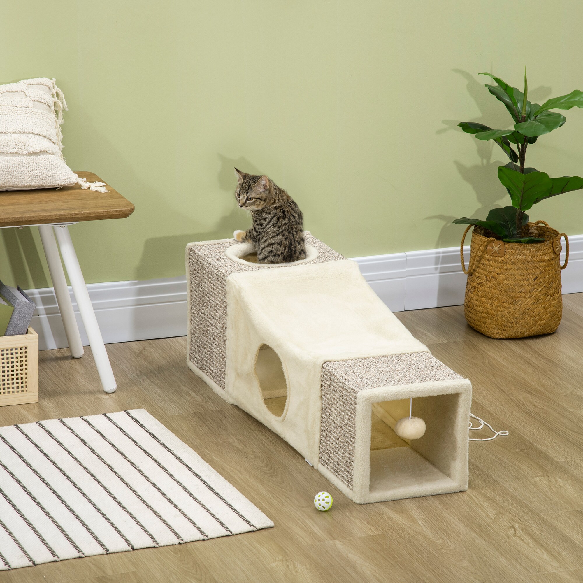 PawHut Katzentunnel mit Spielball grau, natur 98L x 30B x 30H cm