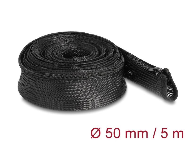 Delock Kabelschlauch 5 m x 50 mm, mit Reissverschluss, Schw Delock Geflechtschlauch mit Reissverschluss hitzebeständig 5 m x 50 mm schwarz