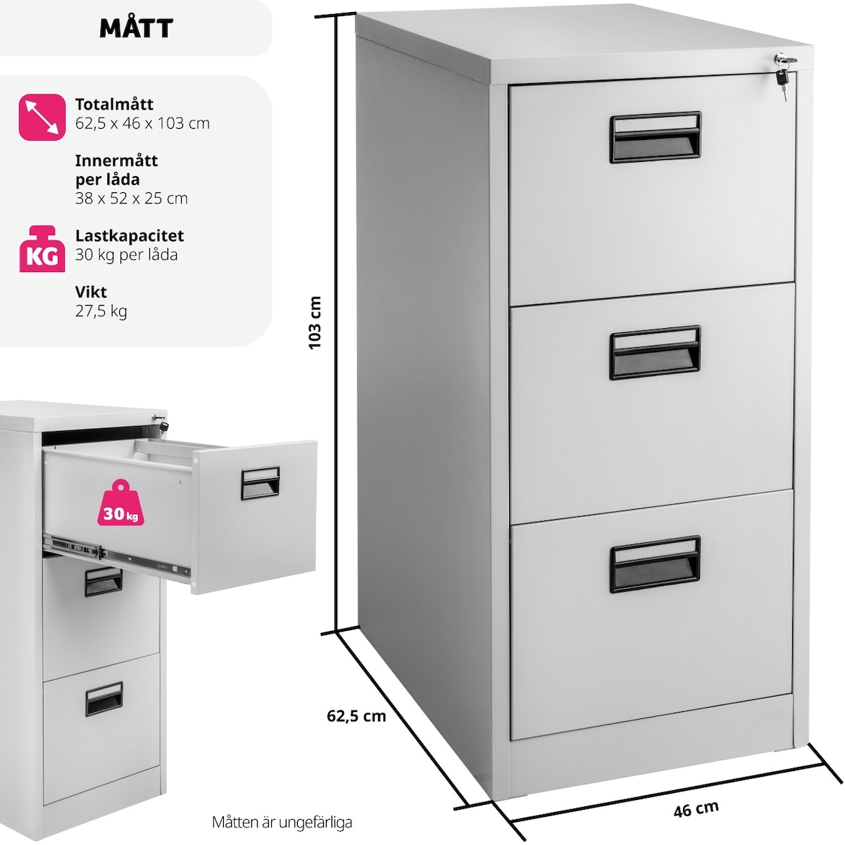 Arkivskap med 3 skuffer 62,4x46x102,8cm - grå