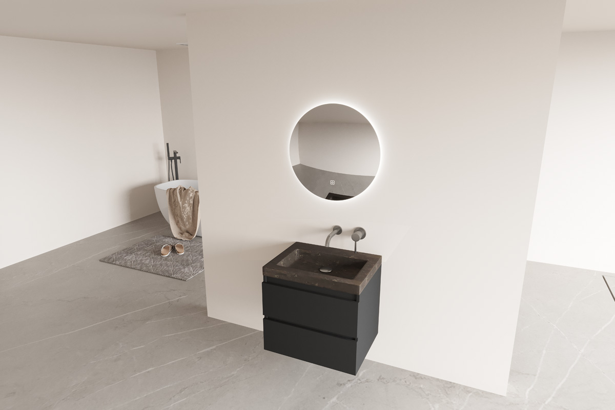 Fontana Freestone badkamermeubel mat zwart 60cm met natuurstenen wastafel zonder kraangat