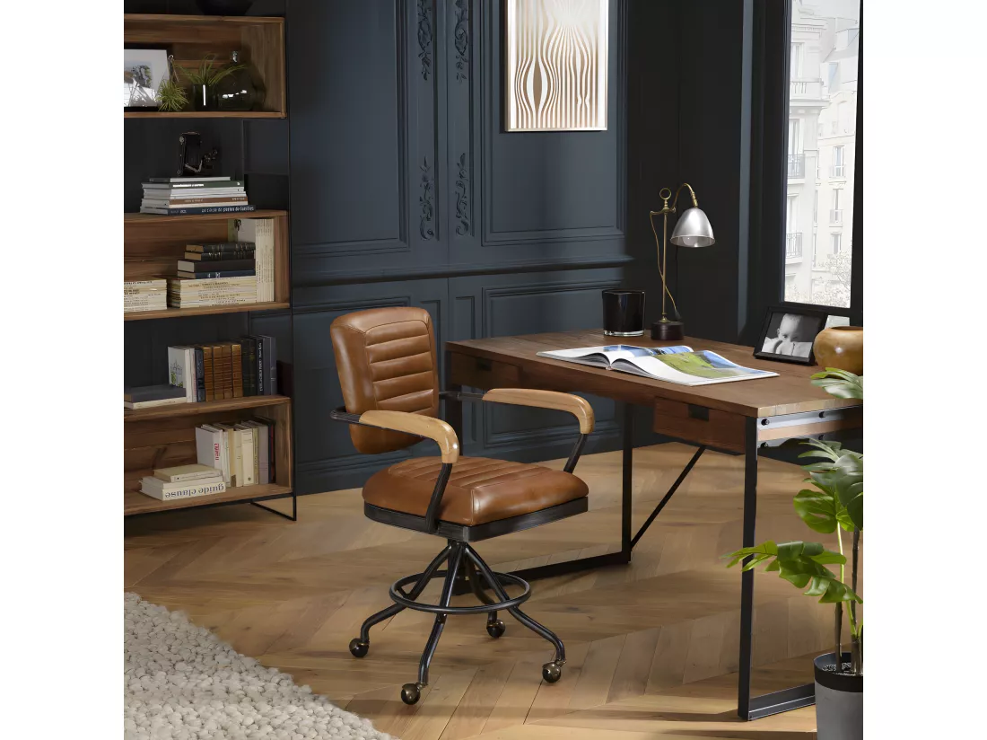 GASTON - Fauteuil DESK vintage cuir marron et métal noir à roulettes accoudoirs en bois