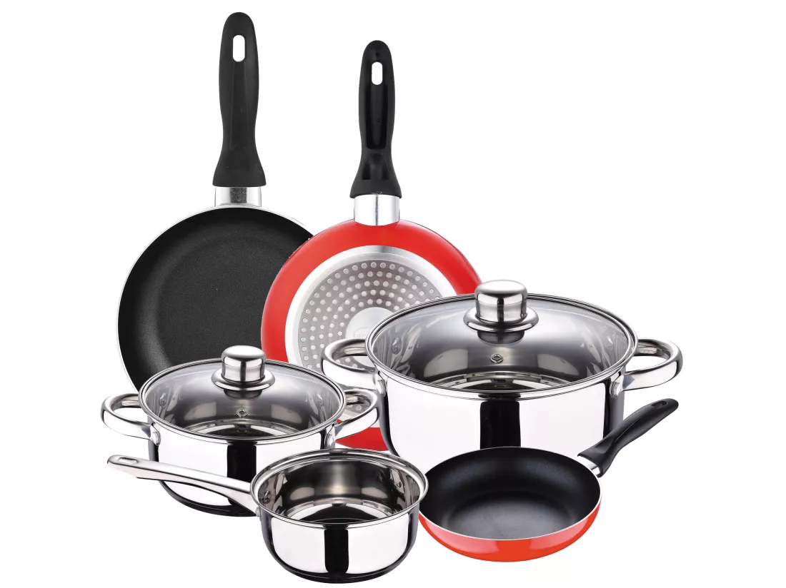 Batterie de cuisine 5 pièces Cassel et Set de 3 poêles à frire Ø16/Ø20/Ø24 cms rouge, aluminium pressé, antiadhésif, induction