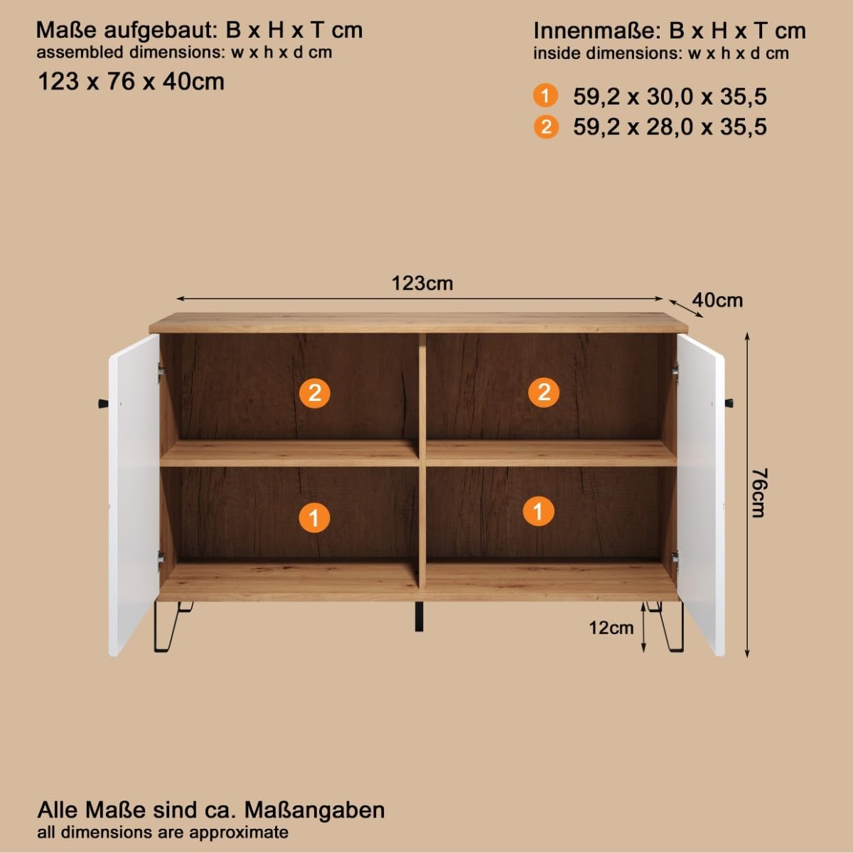 trendteam smart living - Touch - Sideboard - Artisan Eiche/Weiß - Kommode mit 2 Türen und 4 Fächern - (BxHxT) 123 x 76 x 40 cm - Wohnzimmerschrank mit modernen Metallfüßen - kratzfest