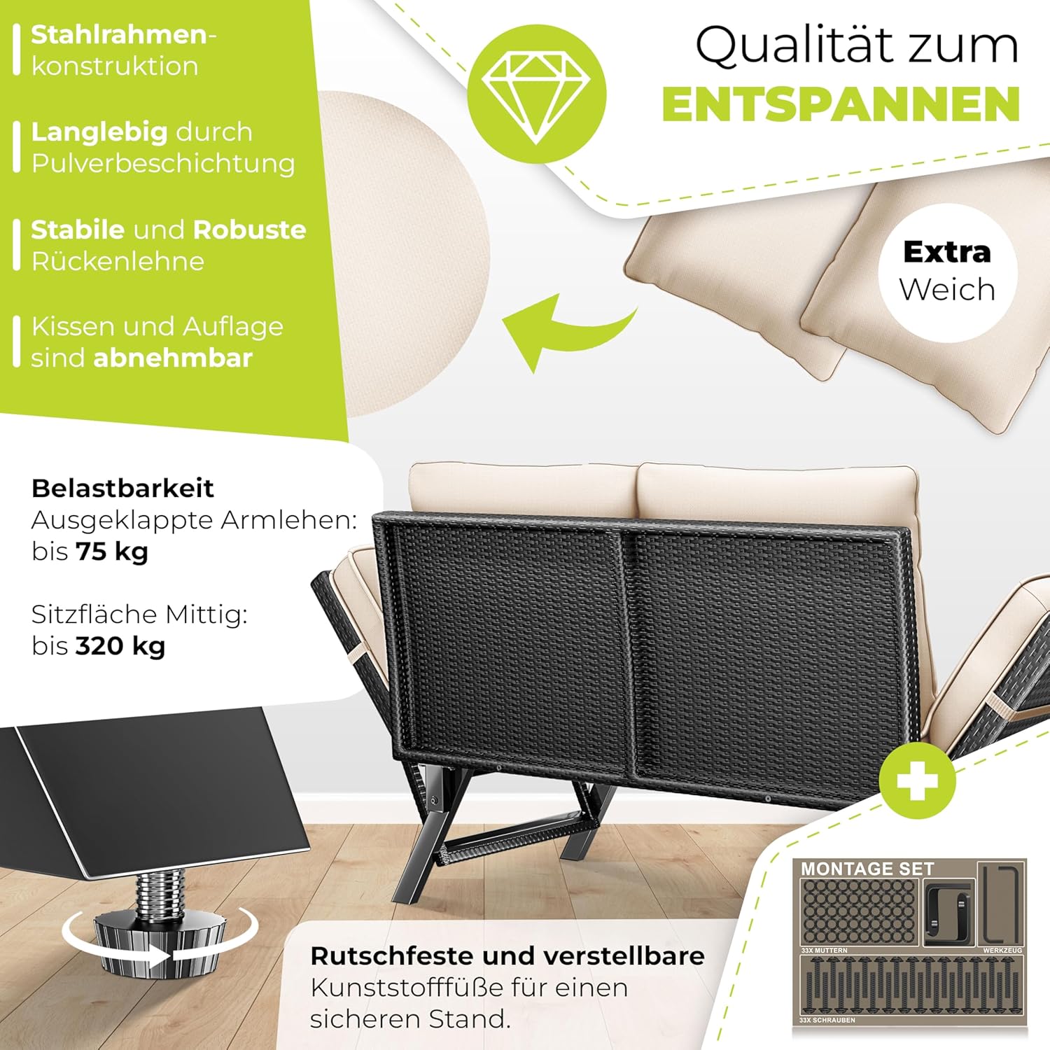 KESSER® Gartenbank Polyrattan Luna mit Liegefunktion Gartensofa 4 in 1 Verstellfunktion Gartencouch Wetterfest Balkonsofa Verstellbare Armlehnen, Extra Dicke & Weiche Polsterung Garten/Balkon/Terrasse