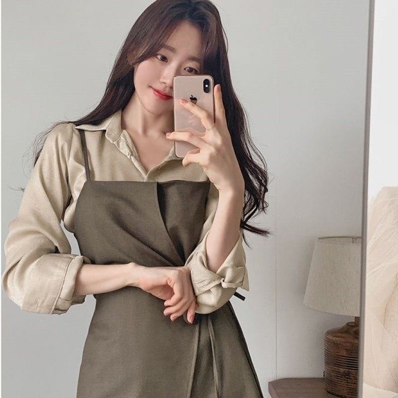 Brigitte - Effen overhemd / wikkel mini overall jurk