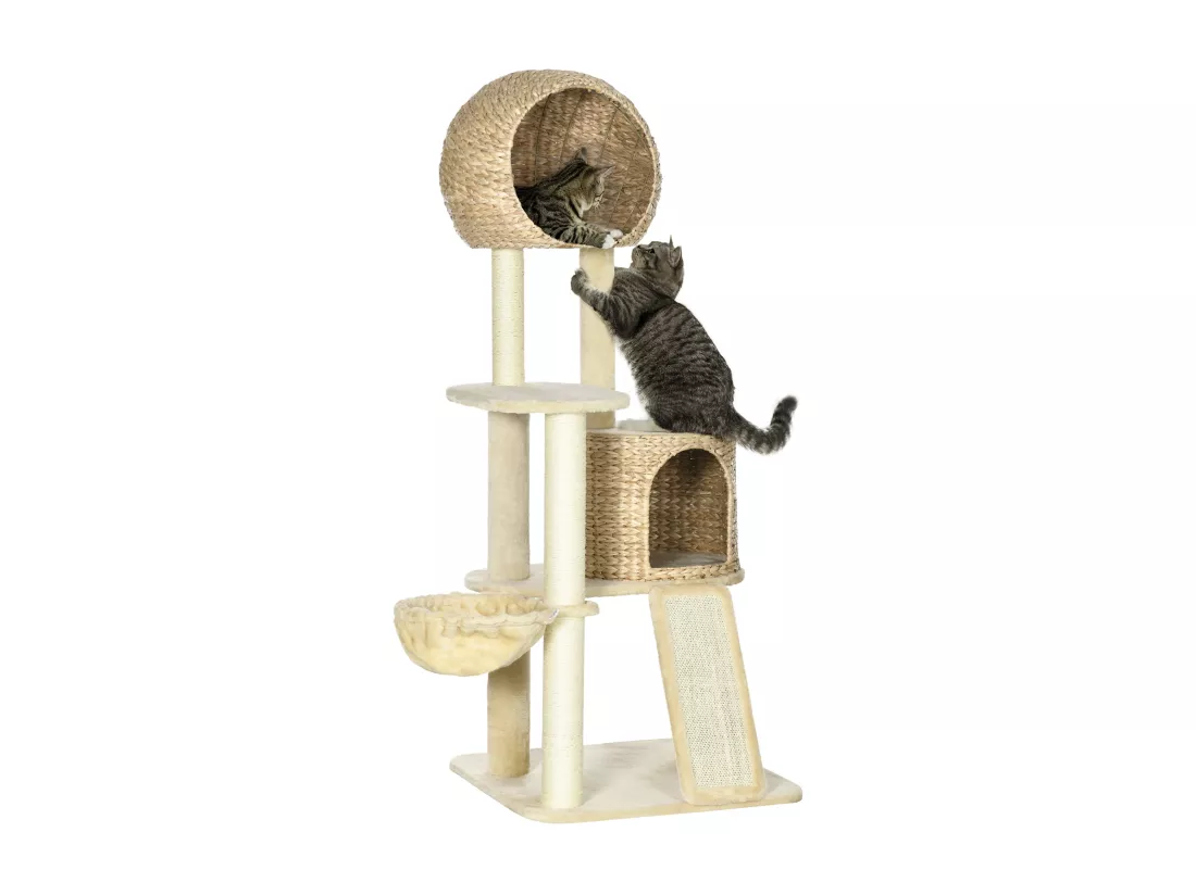 Arbre à chat style cosy chic griffoirs grattoir sisal 2 grandes niches plateforme hamac peluche courte beige jacinthe d'eau