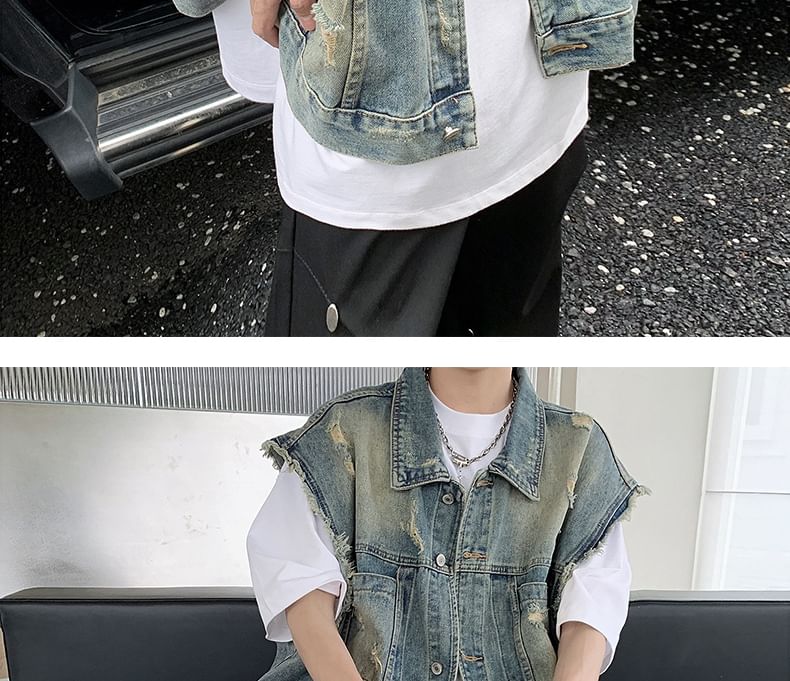 Hushgrain - Vest met kraag, gewassen denim en knopen