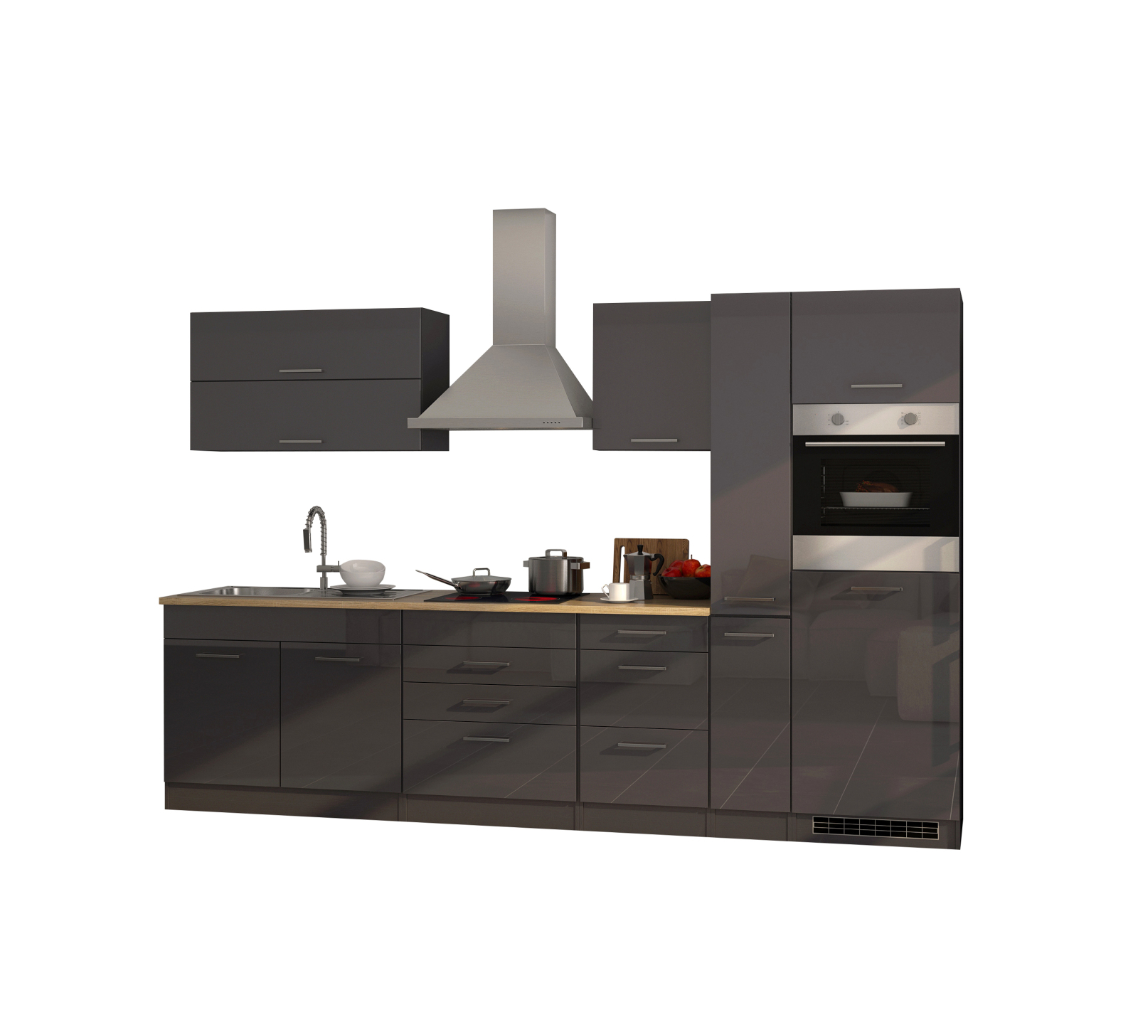 Küchenblock ROM - grau Hochglanz - mit E-Geräten - 320 cm