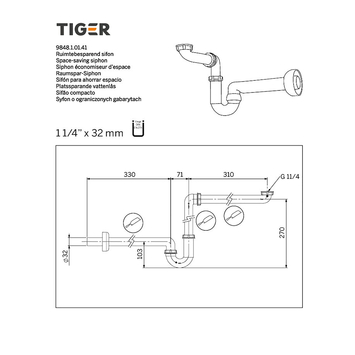 Tiger sifon 1 kwartrond kunststof wit 32 mm