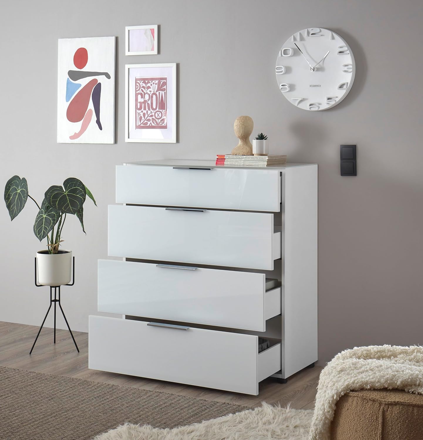 Kommode SANTORIN weiß mit Glasfront, Schrank Korpus in weiß mit Oberboden in Glas und Schubladen für Ihren Wohnbereich - 90 x 99 x 40 cm (B/H/T)