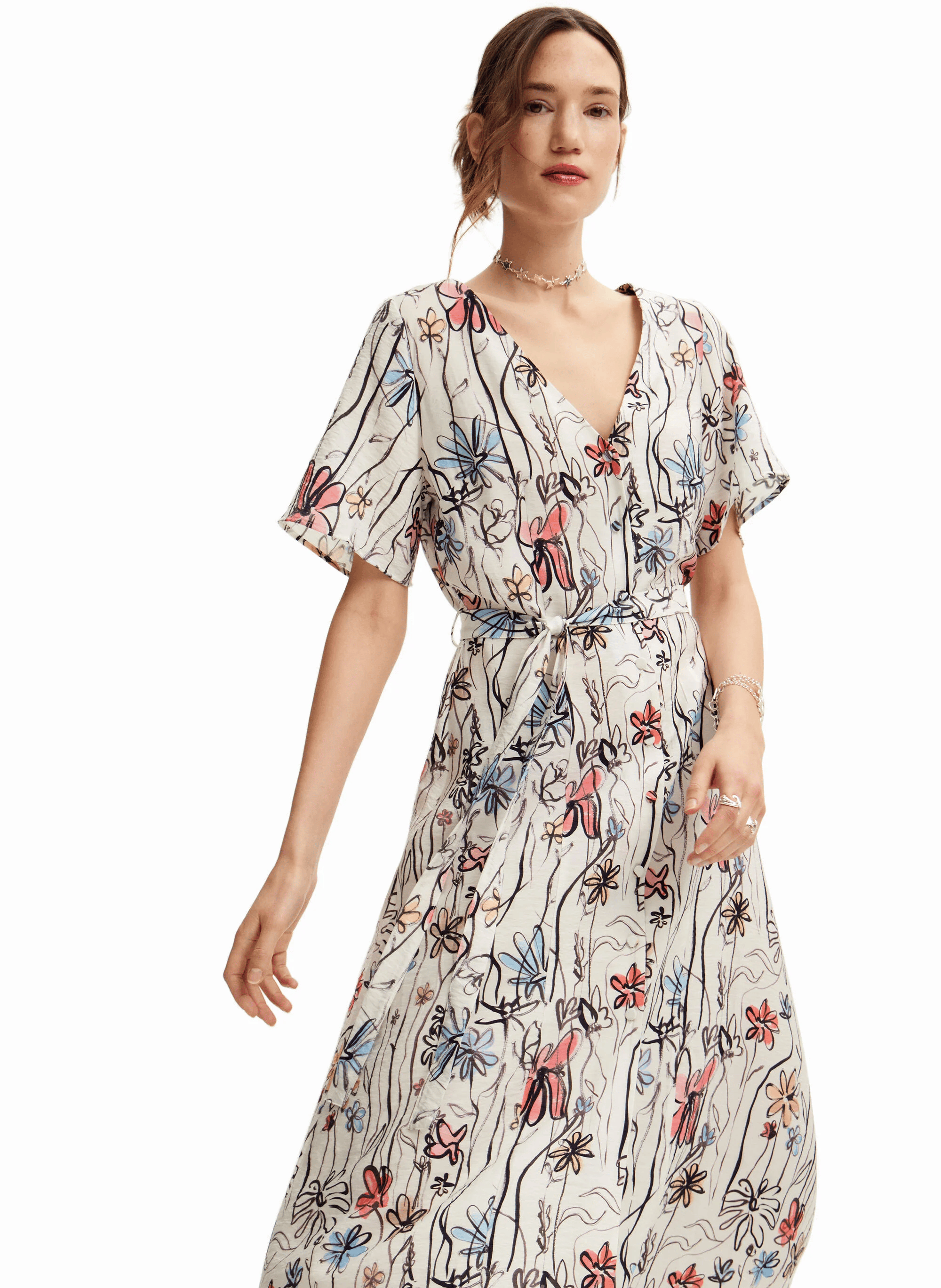 Robe chemise midi imprimée| Blanc