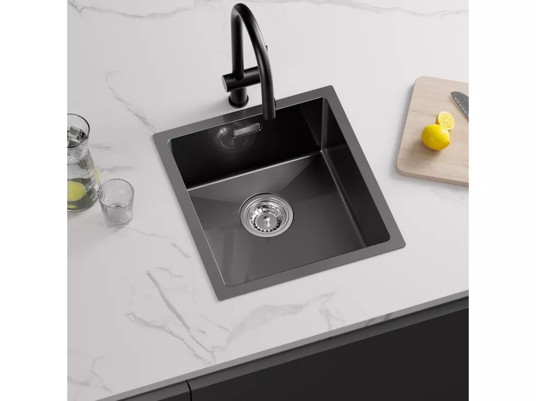 Cecipa max Évier Inox Encastré 40*44cm Évier de Cuisine 1 Bac Noir+Robinets Cuisine avec Douchette Extractible,Mitigeur d'évier 2 Modes de Pulvérisat