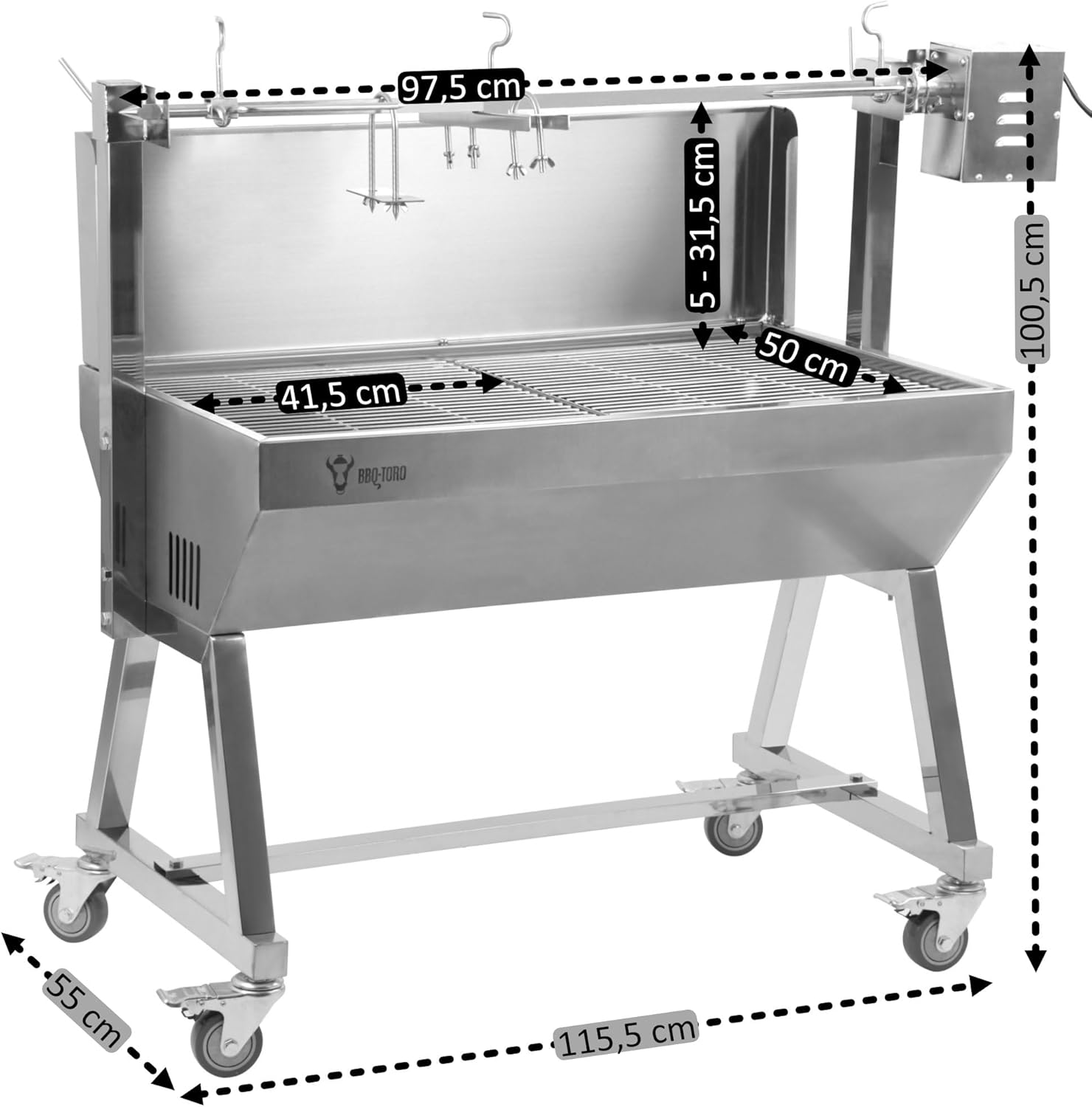 BBQ-Toro Mobiler Edelstahl Spanferkelgrill | Bis zu 60 kg | Rotisserie Grill Mit Motor, Spießbratengrill | Spießgrill für Schwein und Lamm, Schweinegrill mit Rollen, Elektrischer Grillspieß