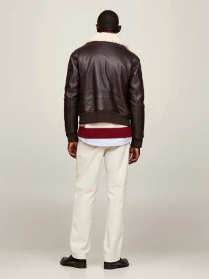 Jaqueta Bomber Crest de Couro com Gola a Penas e Corte Relaxado