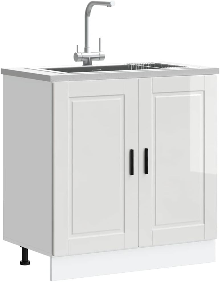 Waschbeckenunterschrank Porto weiß glänzend 80 x 46 x 81,5 cm Spanplatte mit Türen und verstellbaren Füßen, Küchenmöbel mit viel Stauraum, robustes Material