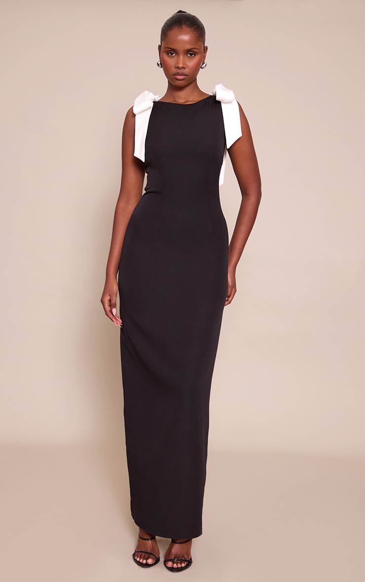 Noir Robe Longue Tissée Avec Nœud Détaillé