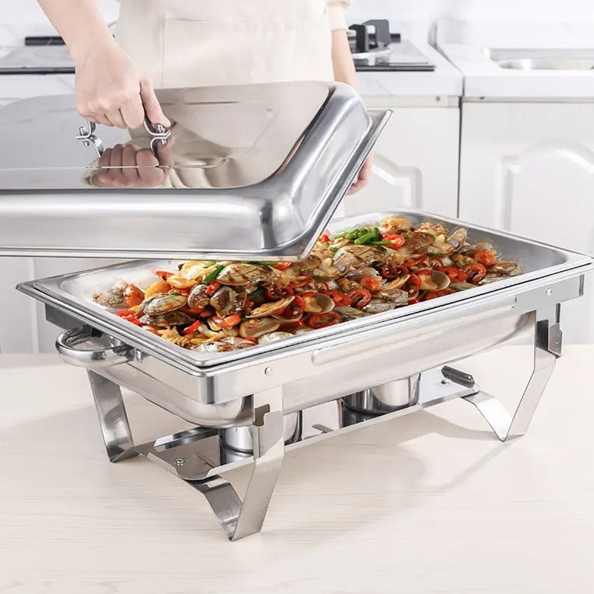 (9L) 55x35cm Edelstahl Chafing Dish Rechaud Speise Wärmer Catering Buffet Warmhaltebehälter mit Wasserbad - Silber