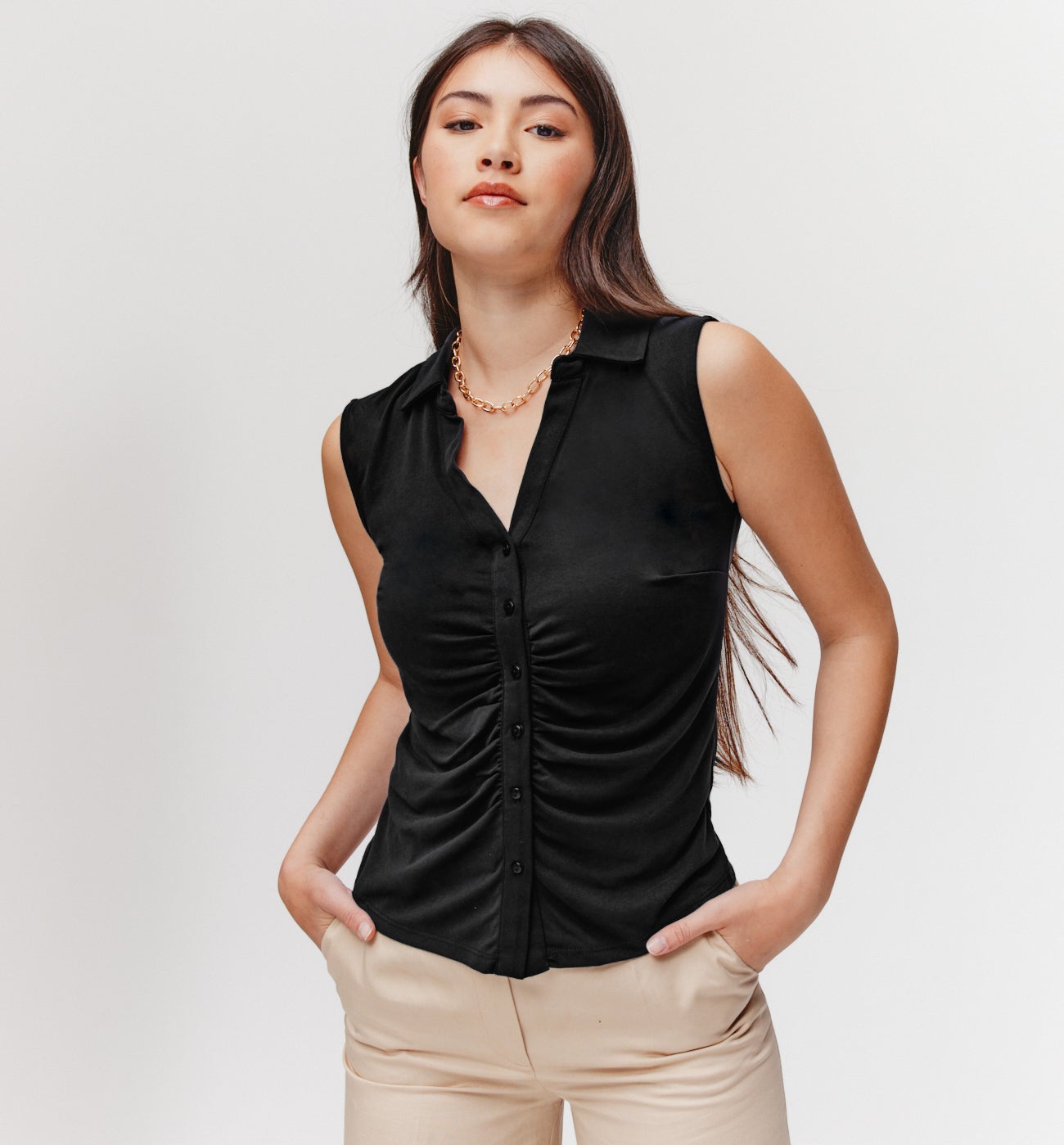 T-shirt sans manches col polo - Noir