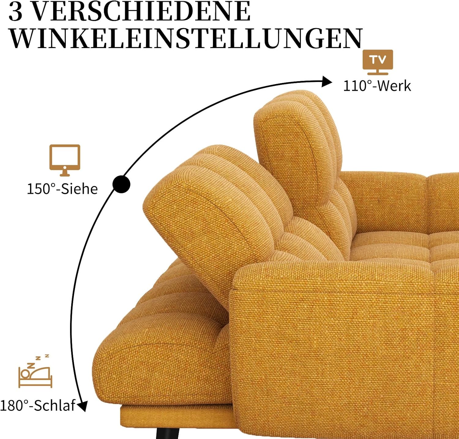 Sofa Mit Schlaffunktion, Klappsofa Sofa 3 Sitzer, Schlafsofa 155x85cm, Bequemes Geeignet Für Wohnzimmer, Büro, Lounge, Zimmer, Schlafzimmer (Gelb)