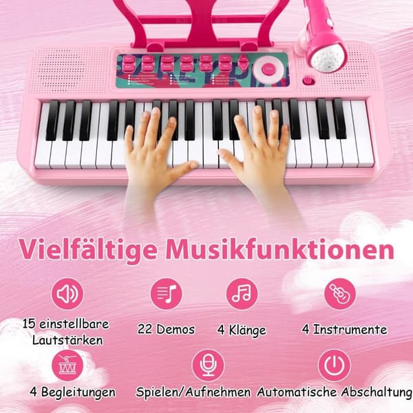 37 tangenter barnetastatur barnepiano elektronisk med krakkmikrofon og notestativ rosa
