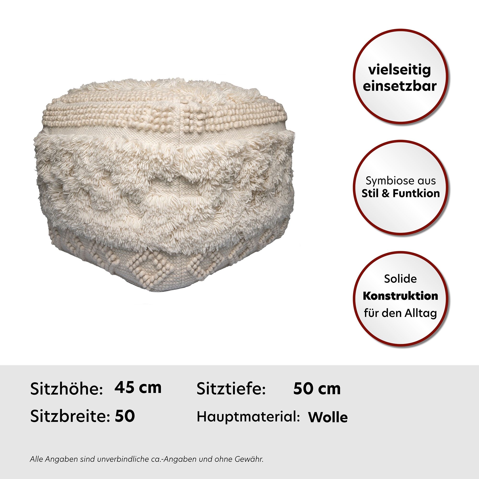 Kayoom Pouf »Bohist 125 50cm x 50cm,   Strukturen mit Fransen und Quasten« 1 Stk. tlg. handgefertigt, Unikat, sehr gut kombinierbar, vielfältig im Einsatz