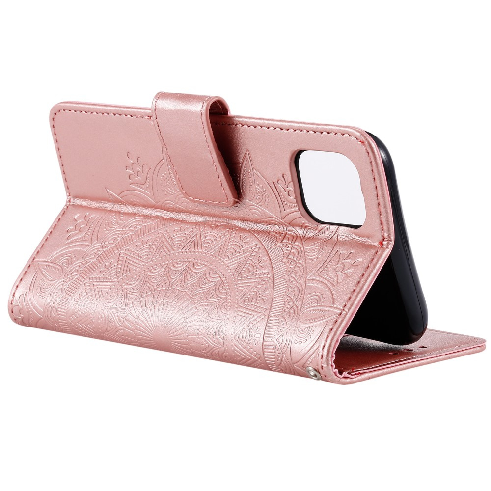 iPhone 13 Pro Leder Tasche Wallet - Mandala Flowers Imprint - Roségold
