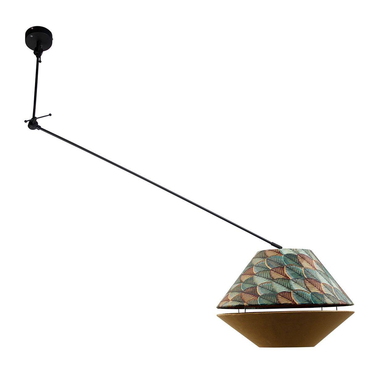Hanglamp zwart met dubbele velours lampenkap blad dessin en beige - Blitz