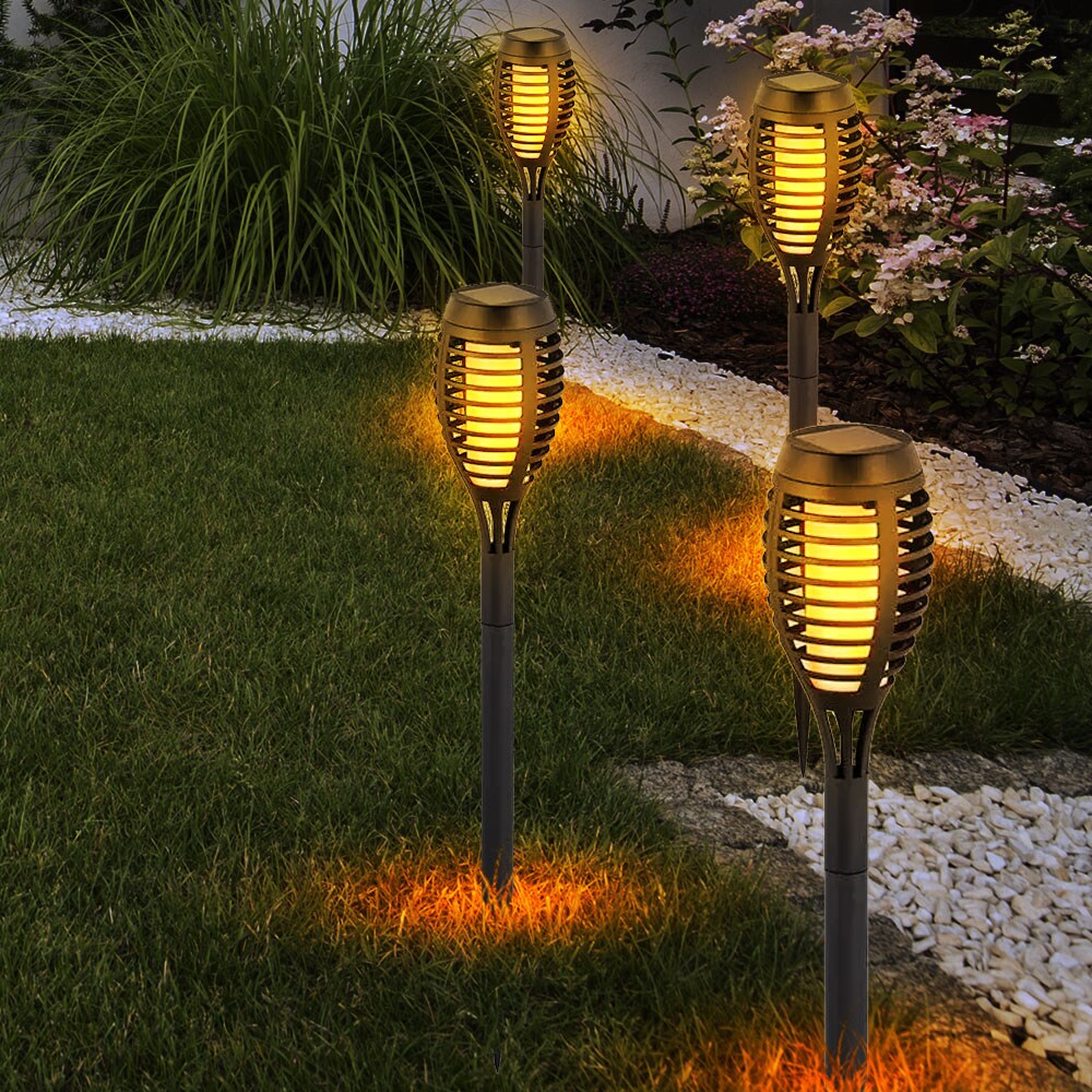 4er Set LED Solarleuchten, schwarz, Feuereffekt, H 50 cm