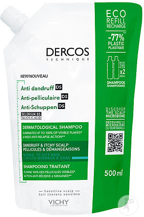 Vichy Dercos Shampoing Antipelliculaire Cheveux Normaux À Gras Recharge 390ml