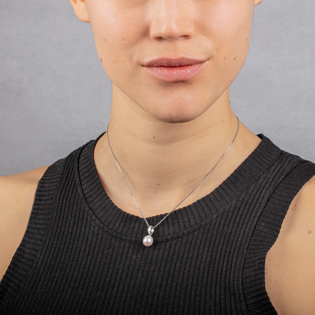 Collier mit Anhänger 925 Silber rhodiniert mit Kunstperle & Zirkonia