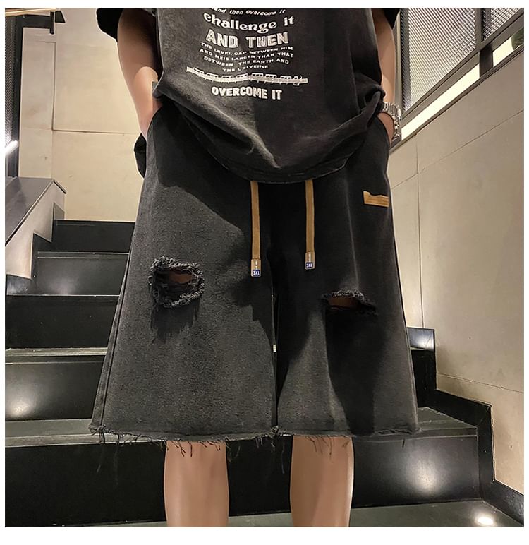 Phoneus - Trekkoord taille applicatie gewassen gerafelde versleten wijde denim shorts