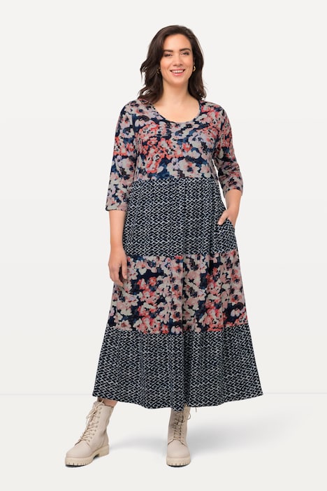 Midikleid, Musterstreifen, A-Linie, Rundhals, 3/4-Arm