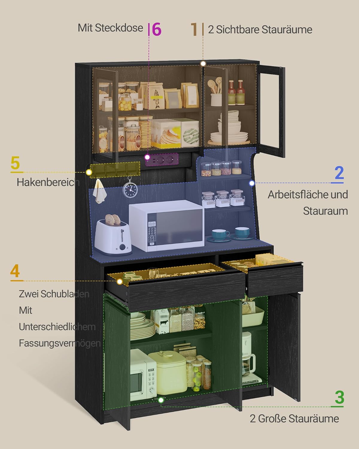 Hzuaneri küchenschrank, Buffetschrank, Hochschrank mit Steckdosen und Led-Lichtleisten, mit Arbeitsplatten und Zwei Schubladen, Verstellbare Einlegeböden, Küche, 40 X 100 X 180 cm, Schwarz PT00104XEU