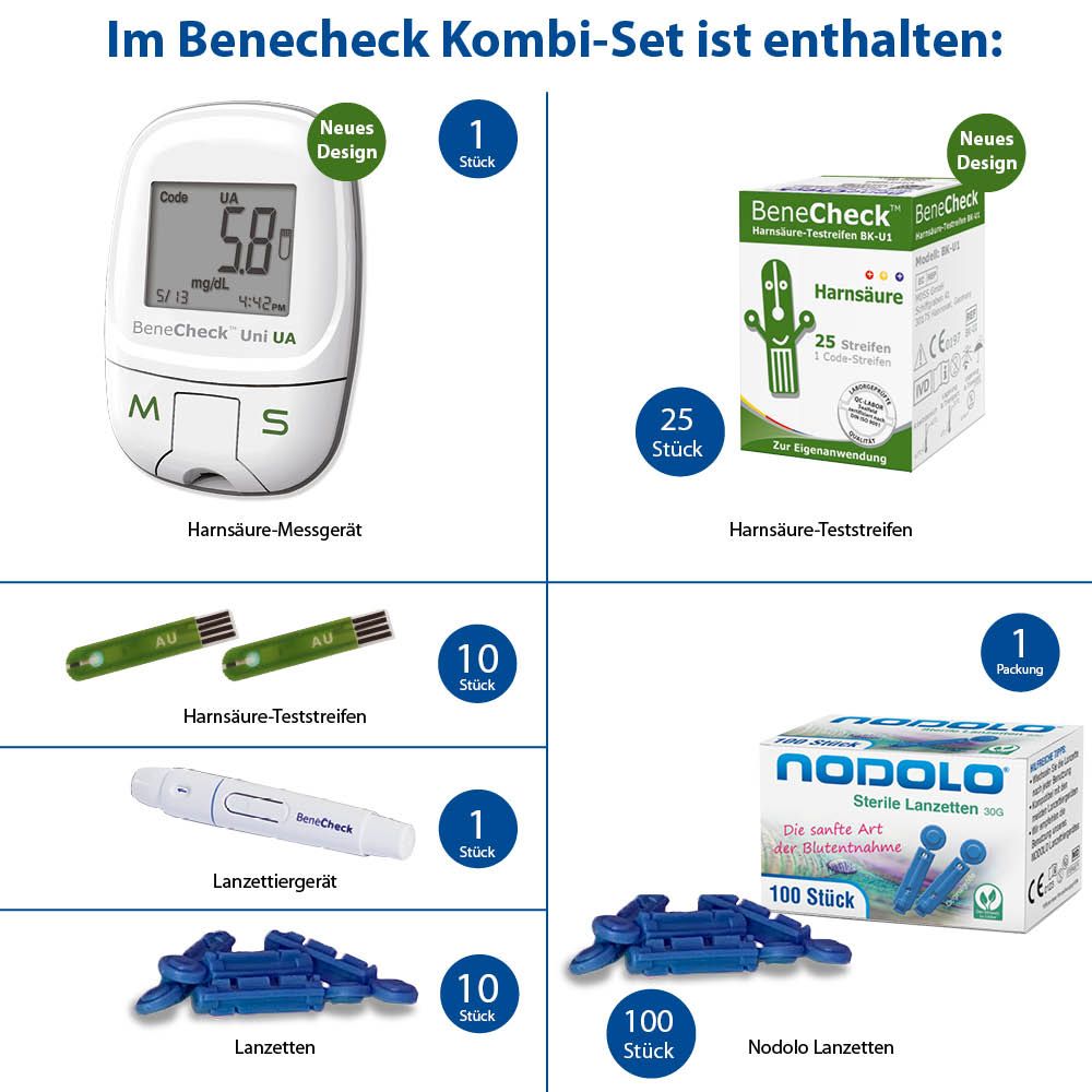 BeneCheck Harnsäure-Messgerät Premium- Kombi Set mit Teststreifen und Lanzetten