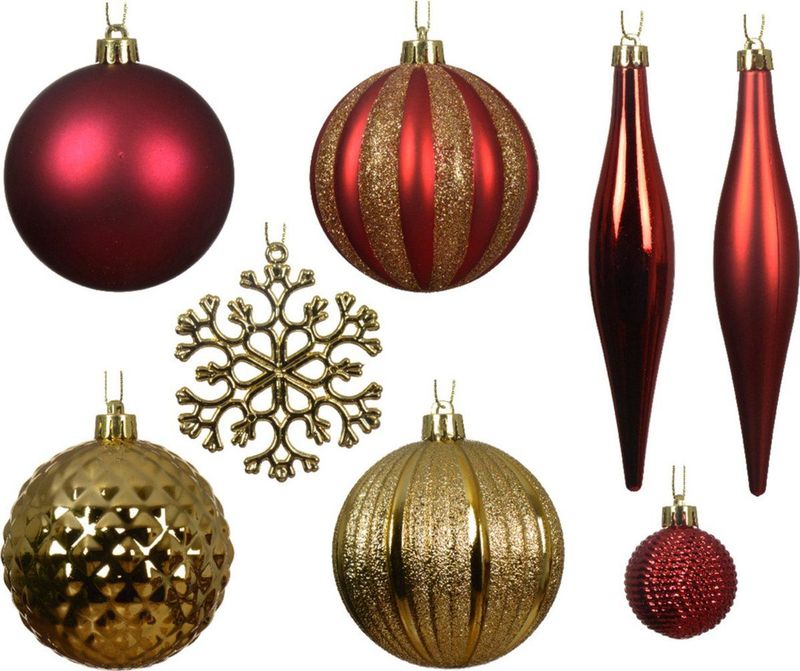 Decoris Kerstballen en ornamenten set -46-delig - rood/goud -kunststof - kerstversiering