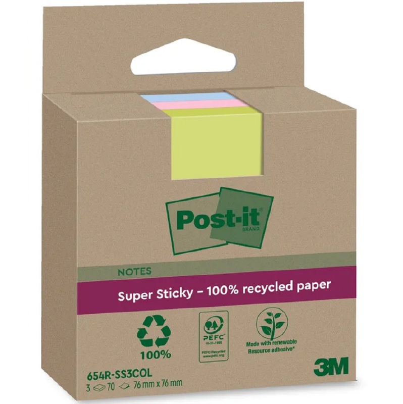 Post-it Haftnotizen Super Sticky Recycling, assortiert, 76 x 76 mm, 3 x 70 Blatt