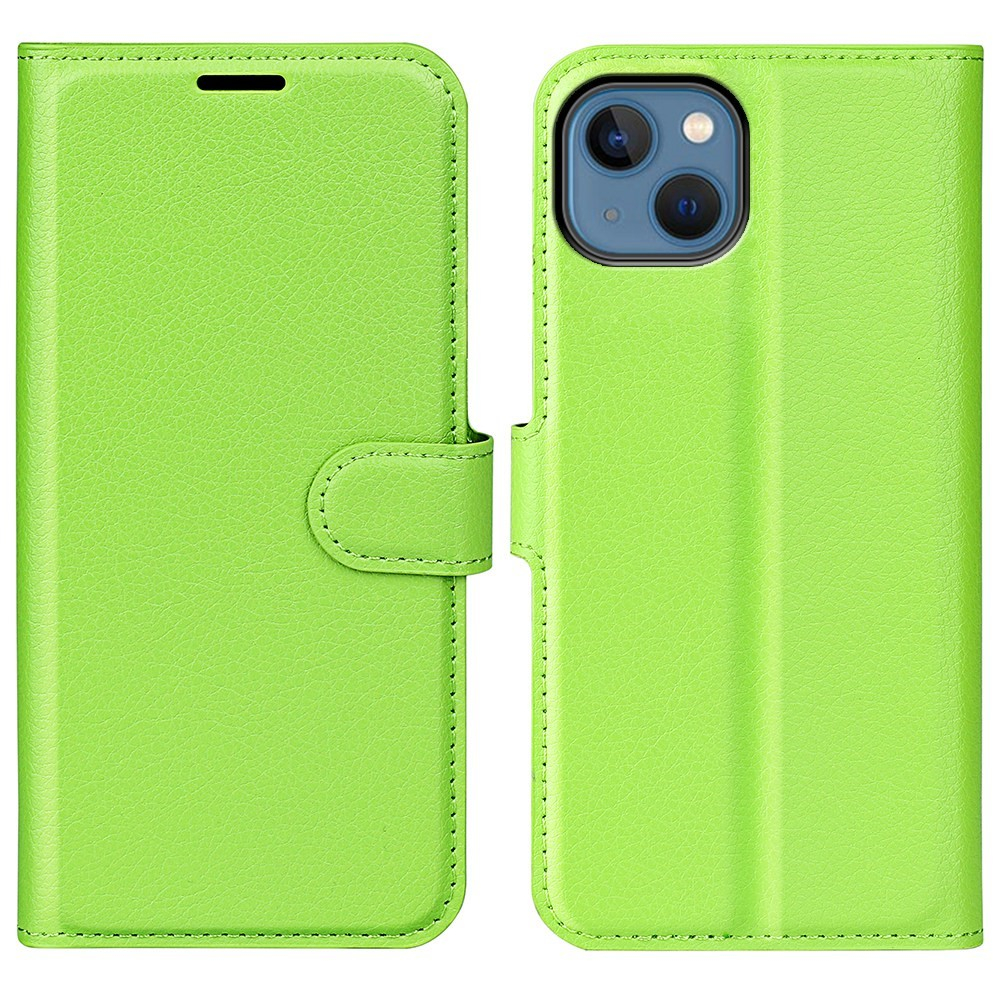 iPhone 14 Leder Tasche Flip Cover Litchi Look - Grün