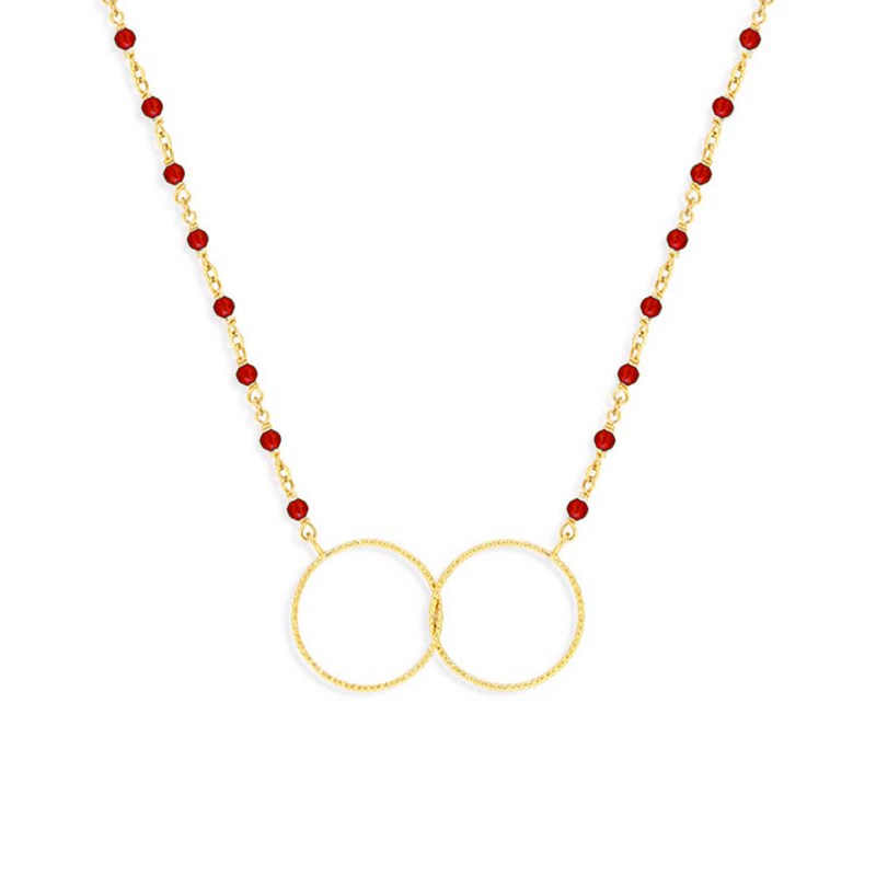 Collier Argent Doré Double Rond Et Pierre Rouge