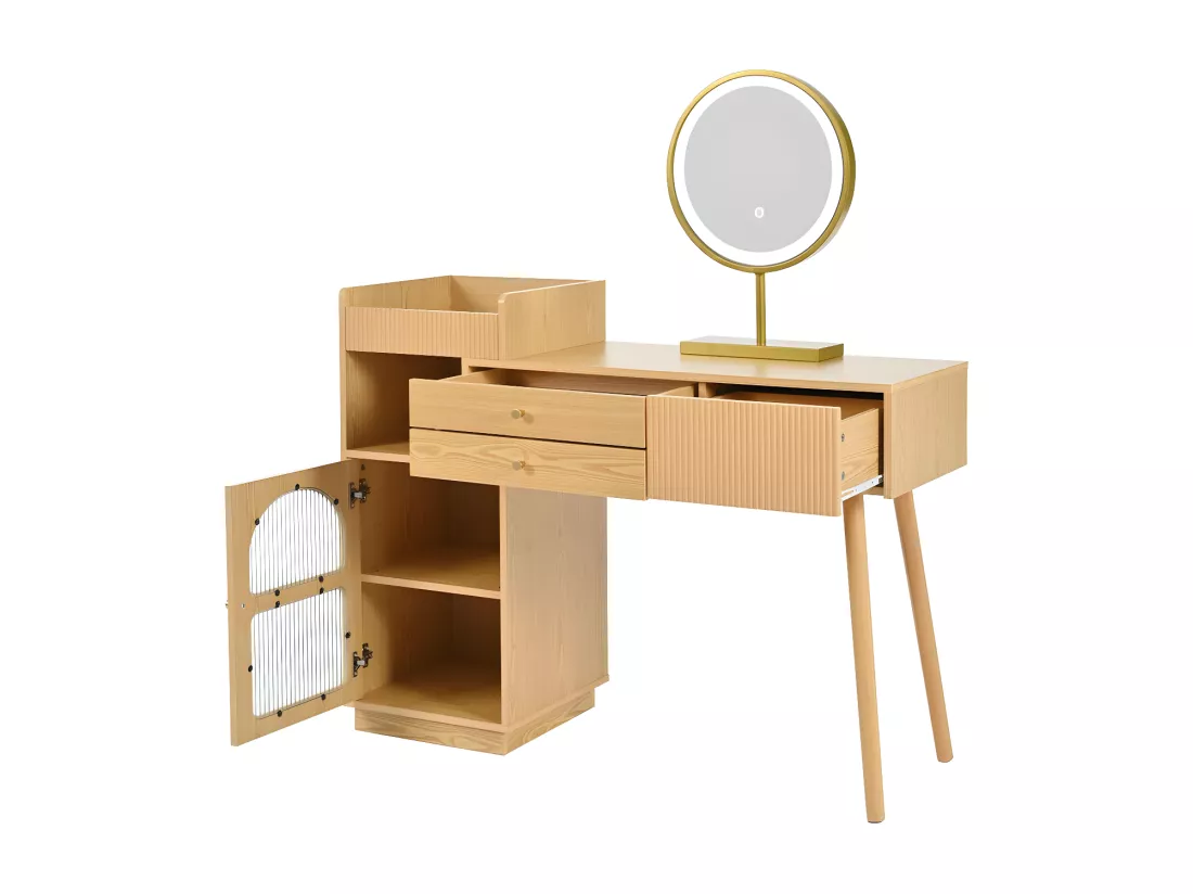 Coiffeuse avec miroir et éclairage LED - 3 tiroirs et une armoire latérale - Naturel (tabouret non inclus)