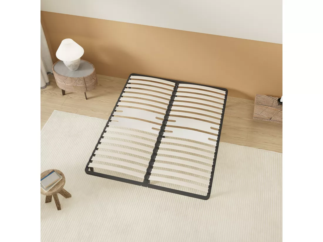 Cadre à lattes en bois 140x200 cm – cadre en acier et lattes en bois – 7 pieds hauteur 25cm – renfort lombaire