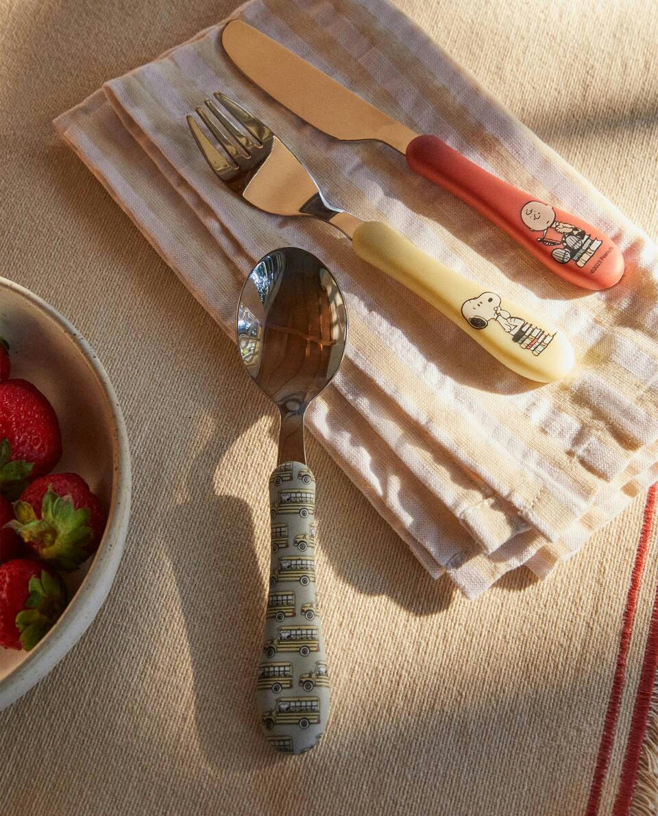 Conjunto de talheres infantis com o tema Amendoim.
